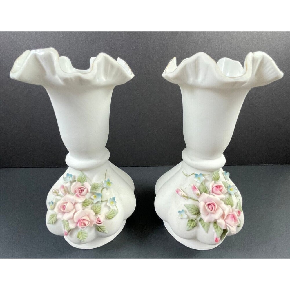 Lefton China Vase Pink Rose 3D Set of 2 Ruffled Floral Bisque 6.25"H Vintage